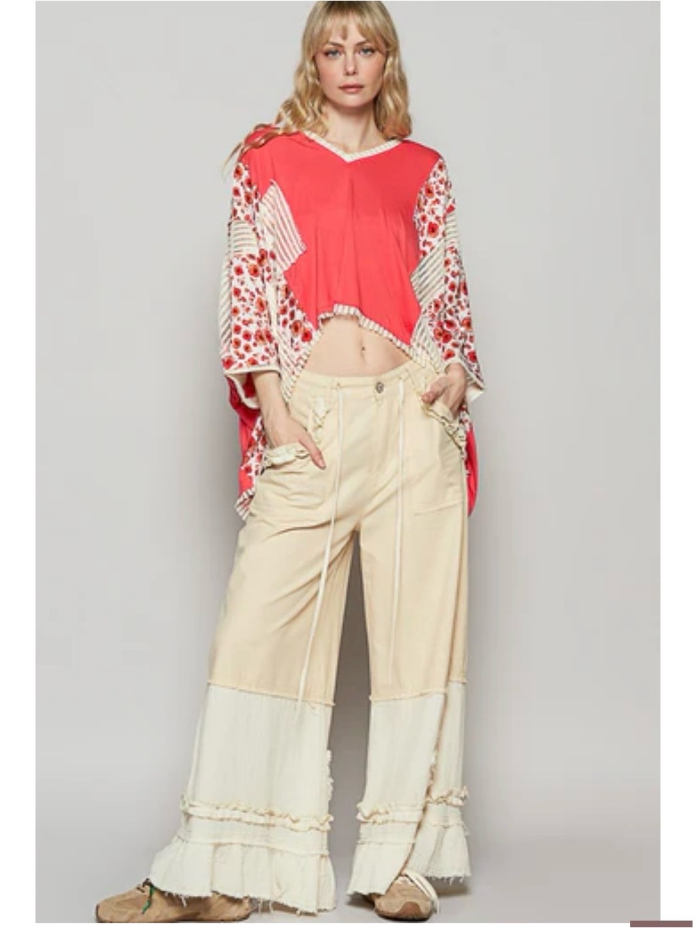 POL Coral V-Neck Top with Cream Crochet Trim (Box H) - Picture 2 of 10